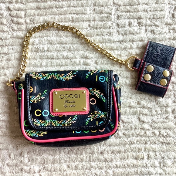Coogi Mini Bag Chain Wrist Cuff Clutch Vintage Australia Rainbow Logo Black Pink - Picture 1 of 14